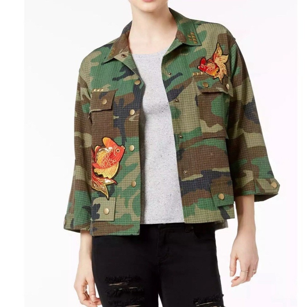 Fairchild Camo Military Jacket Goldfish Sequin Patch Studded Ripstop Small